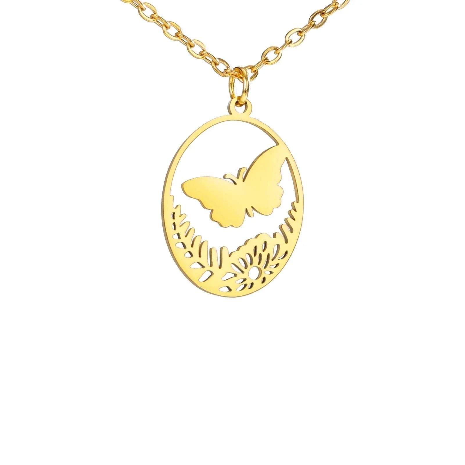 Goldene Halskette mit Tieranhänger – Kaninchen, Vogel, Schmetterlingssilhouette