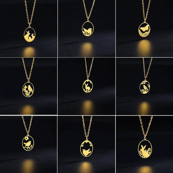 Goldene Halskette mit Tieranhänger – Kaninchen, Vogel, Schmetterlingssilhouette