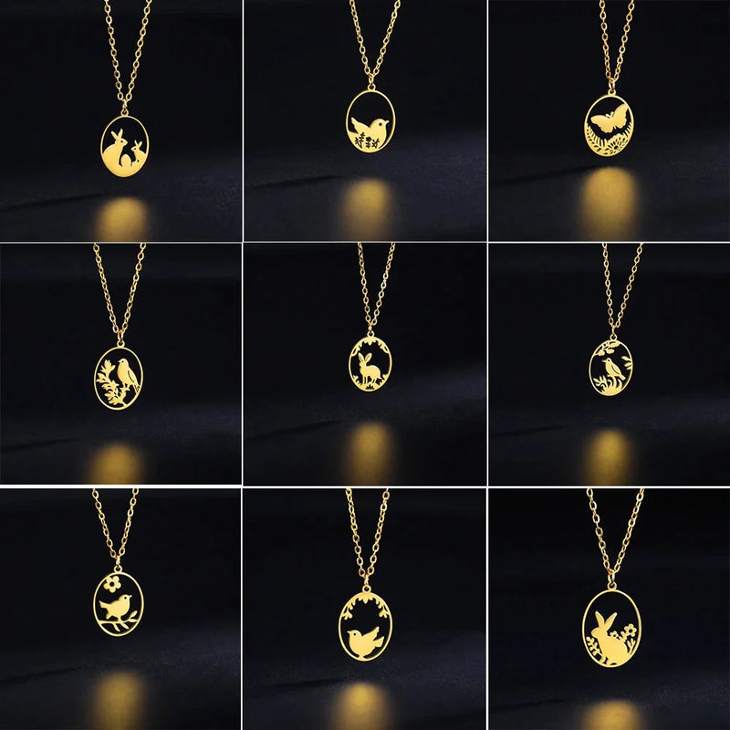 Goldene Halskette mit Tieranhänger – Kaninchen, Vogel, Schmetterlingssilhouette