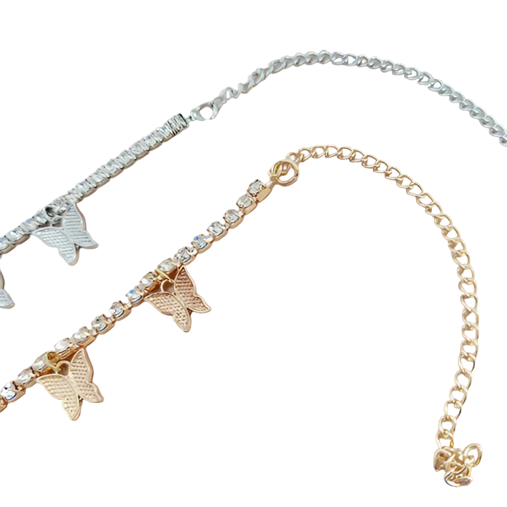 Goldenes Schmetterlingsarmband und Fußkettchen mit Kristallanhänger – Eleganter Sommerschmuck