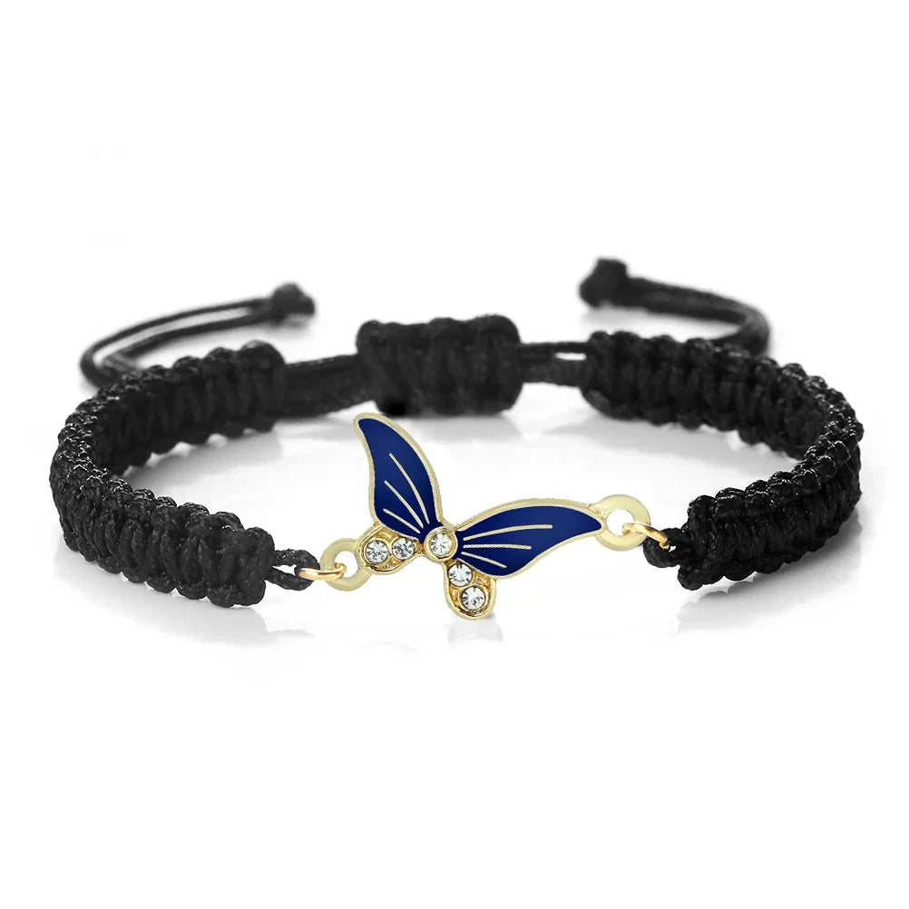 Marineblaues Schmetterlingsarmband - verstellbares Seil, goldener Anhänger, Kristallschmuck