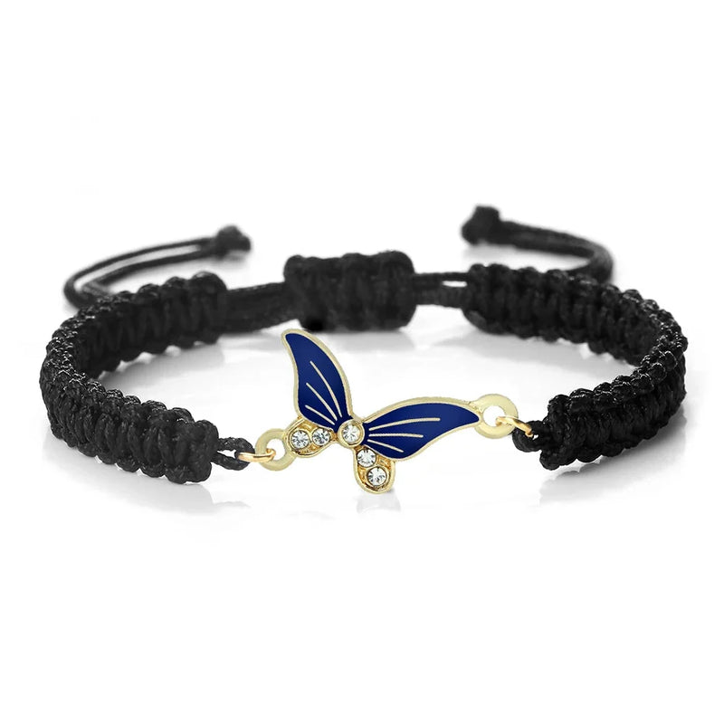 Marineblaues Schmetterlingsarmband - verstellbares Seil, goldener Anhänger, Kristallschmuck