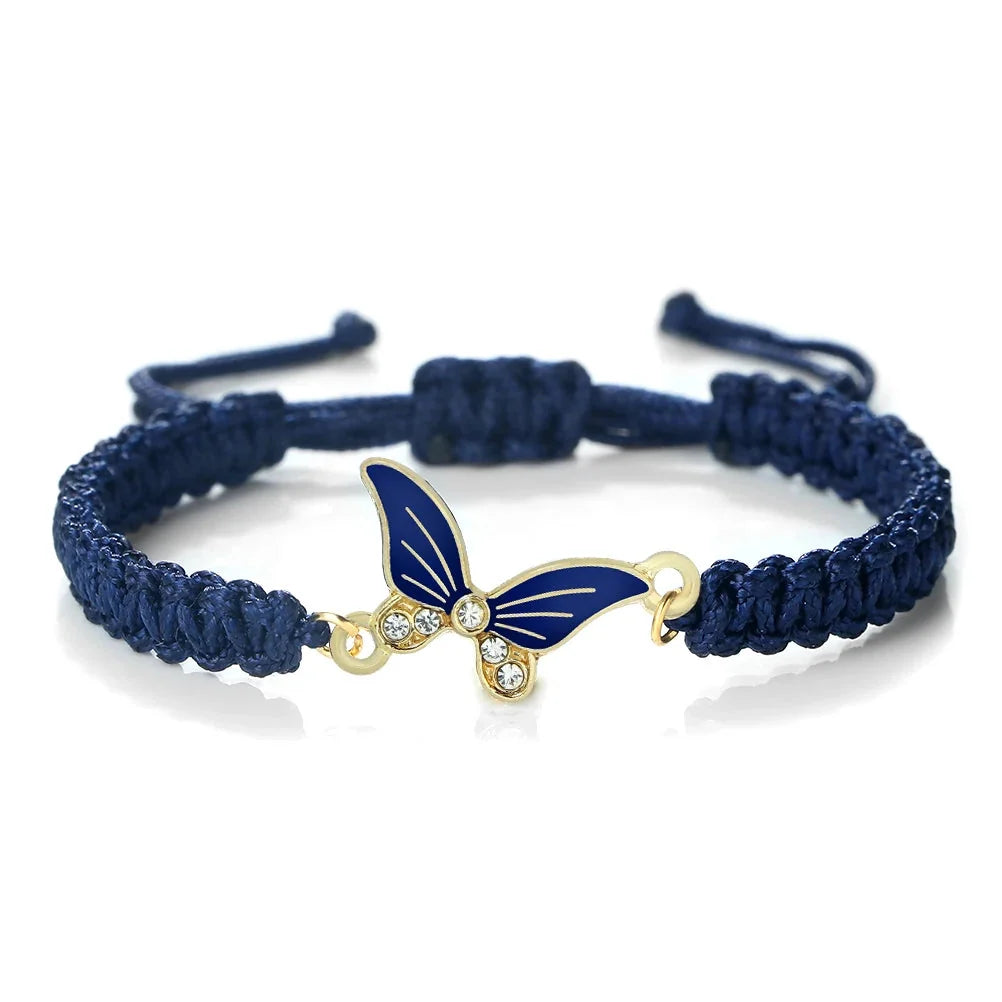 Marineblaues Schmetterlingsarmband - verstellbares Seil, goldener Anhänger, Kristallschmuck