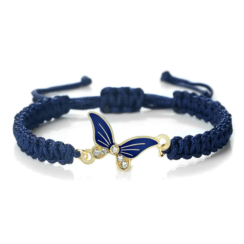 Marineblaues Schmetterlingsarmband - verstellbares Seil, goldener Anhänger, Kristallschmuck