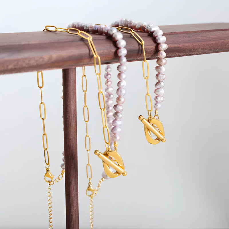 Perlen-Gold-Anhänger-Halskette mit Herzverschluss - eleganter zweifarbiger Schmuck