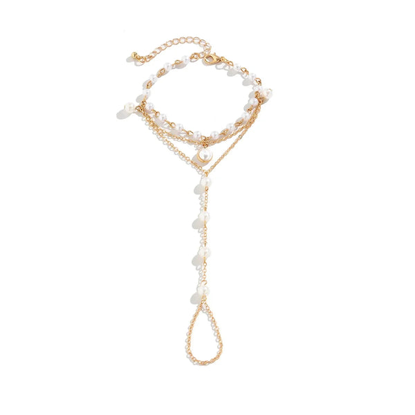 Perlen-Handkettenarmband - Goldfarbener Brautschmuck für Damen, verstellbarer Luxus