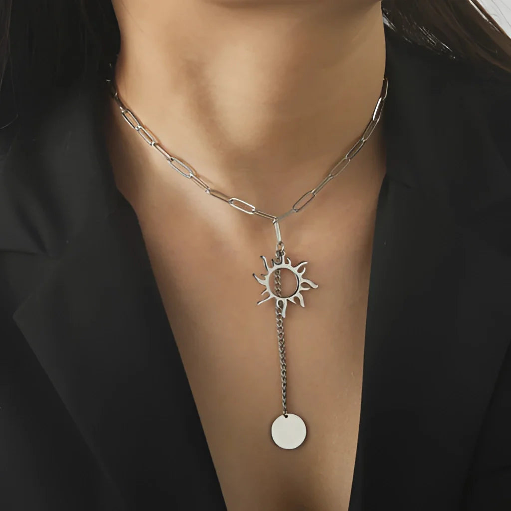 Himmlische Halskette - Sonne und Mond Anhänger, Lariat Statement Schmuck