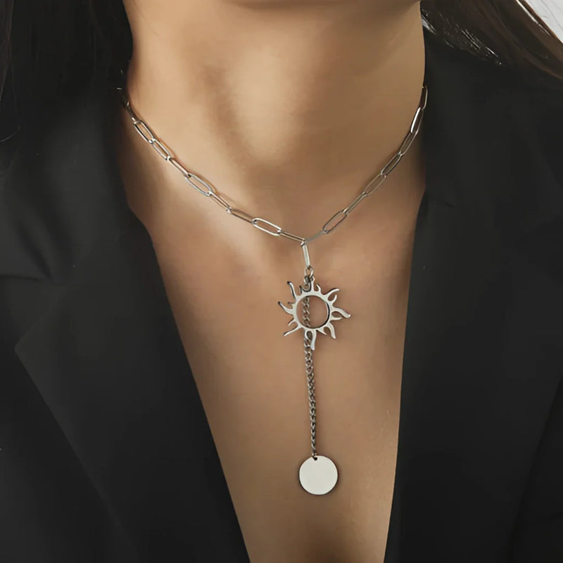 Himmlische Halskette - Sonne und Mond Anhänger, Lariat Statement Schmuck