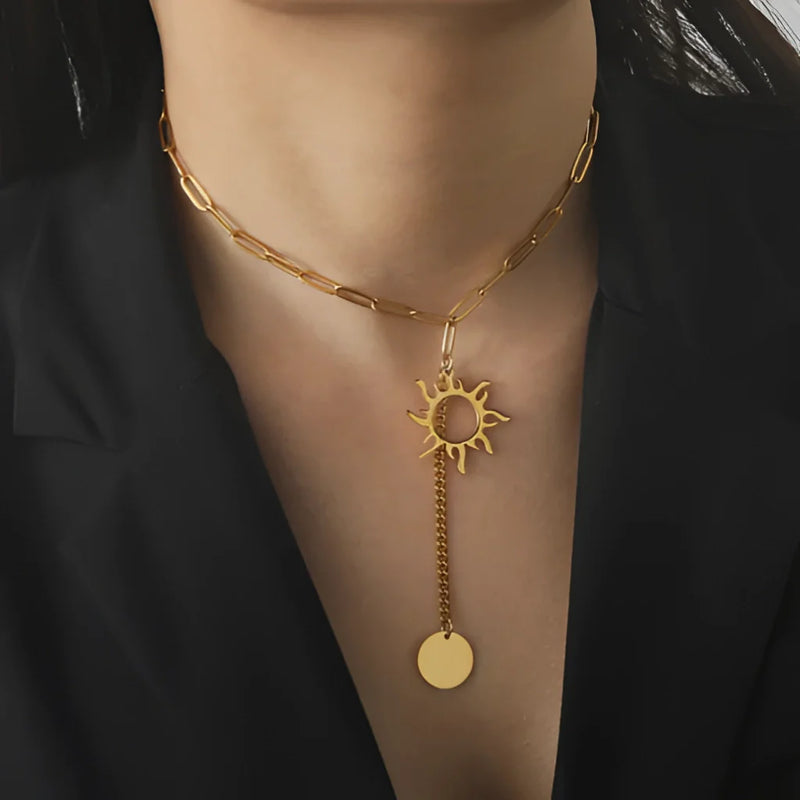 Himmlische Halskette - Sonne und Mond Anhänger, Lariat Statement Schmuck