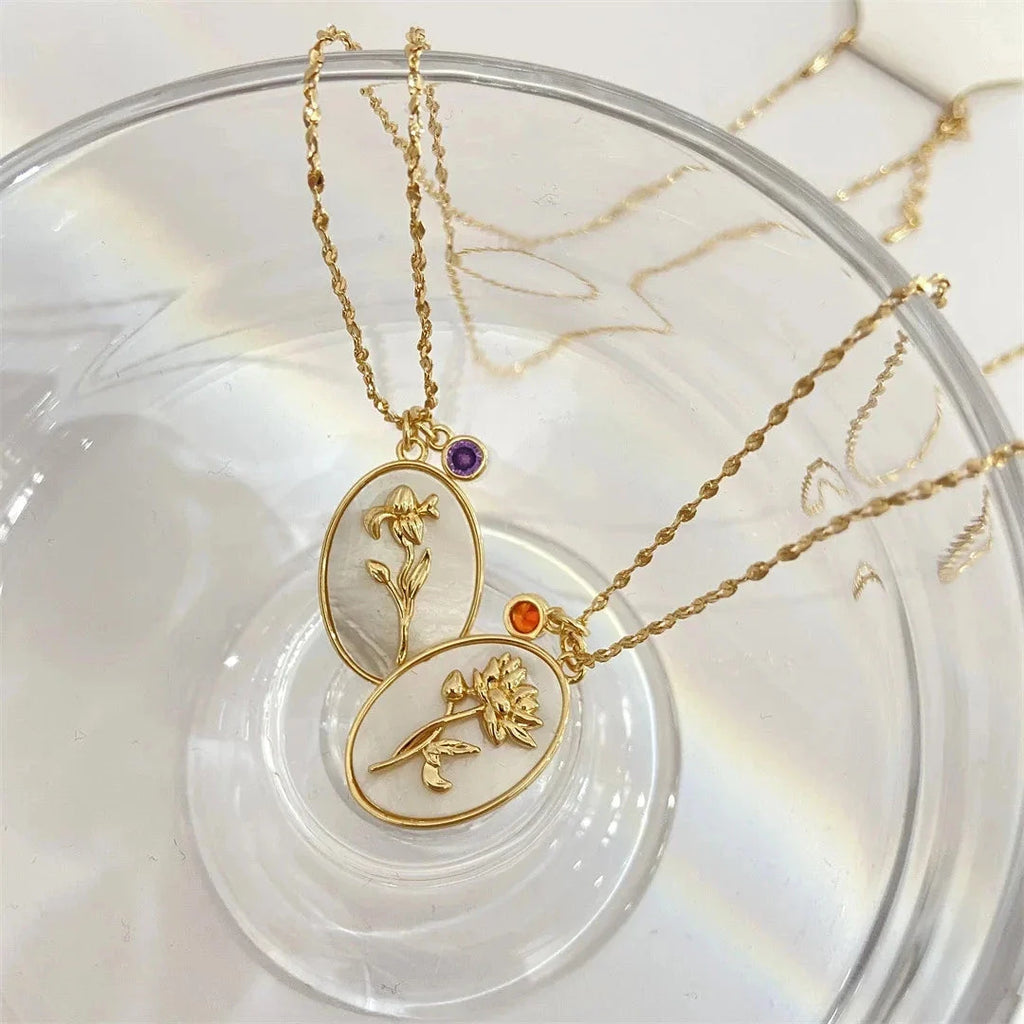 Vintage Kamee Halskette - Gold Botanischer Floraler Relief Anhänger