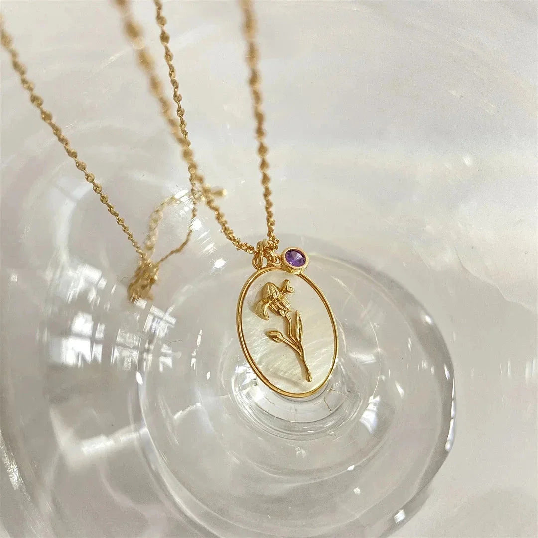 Vintage Kamee Halskette - Gold Botanischer Floraler Relief Anhänger