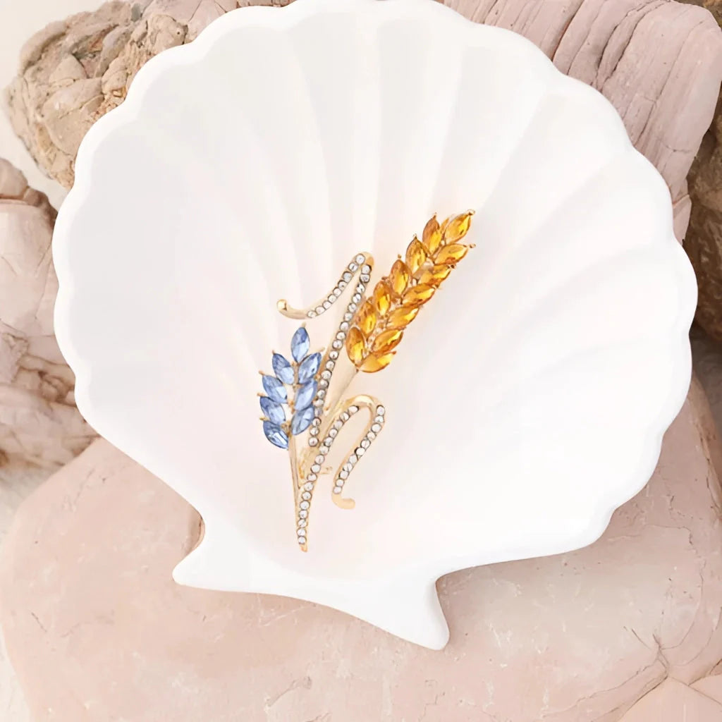 Luxuriöse Weizenbrosche mit blauem/gelbem Saphir – goldene Edelstein-Anstecknadel