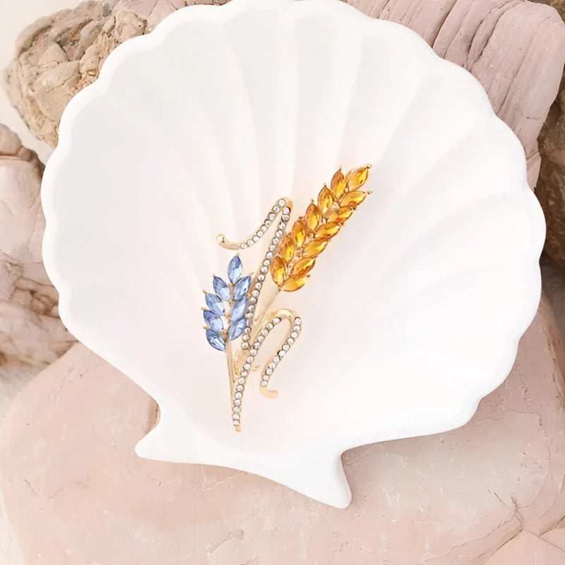 Luxuriöse Weizenbrosche mit blauem/gelbem Saphir – goldene Edelstein-Anstecknadel