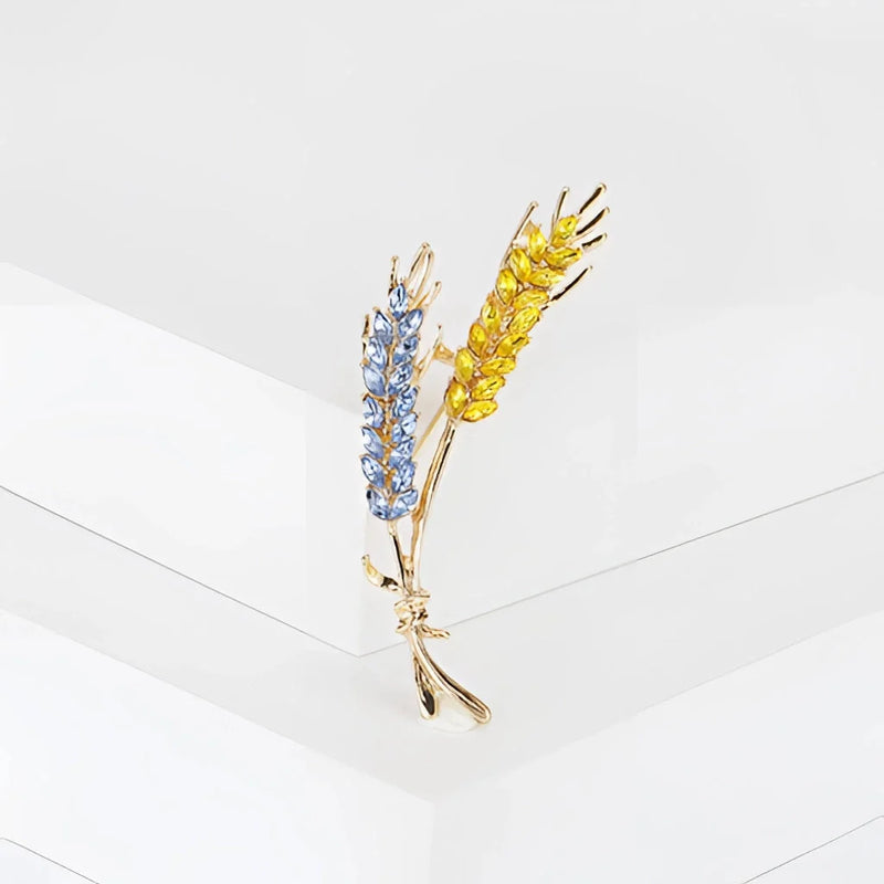 Luxuriöse Weizenbrosche mit blauem/gelbem Saphir – goldene Edelstein-Anstecknadel