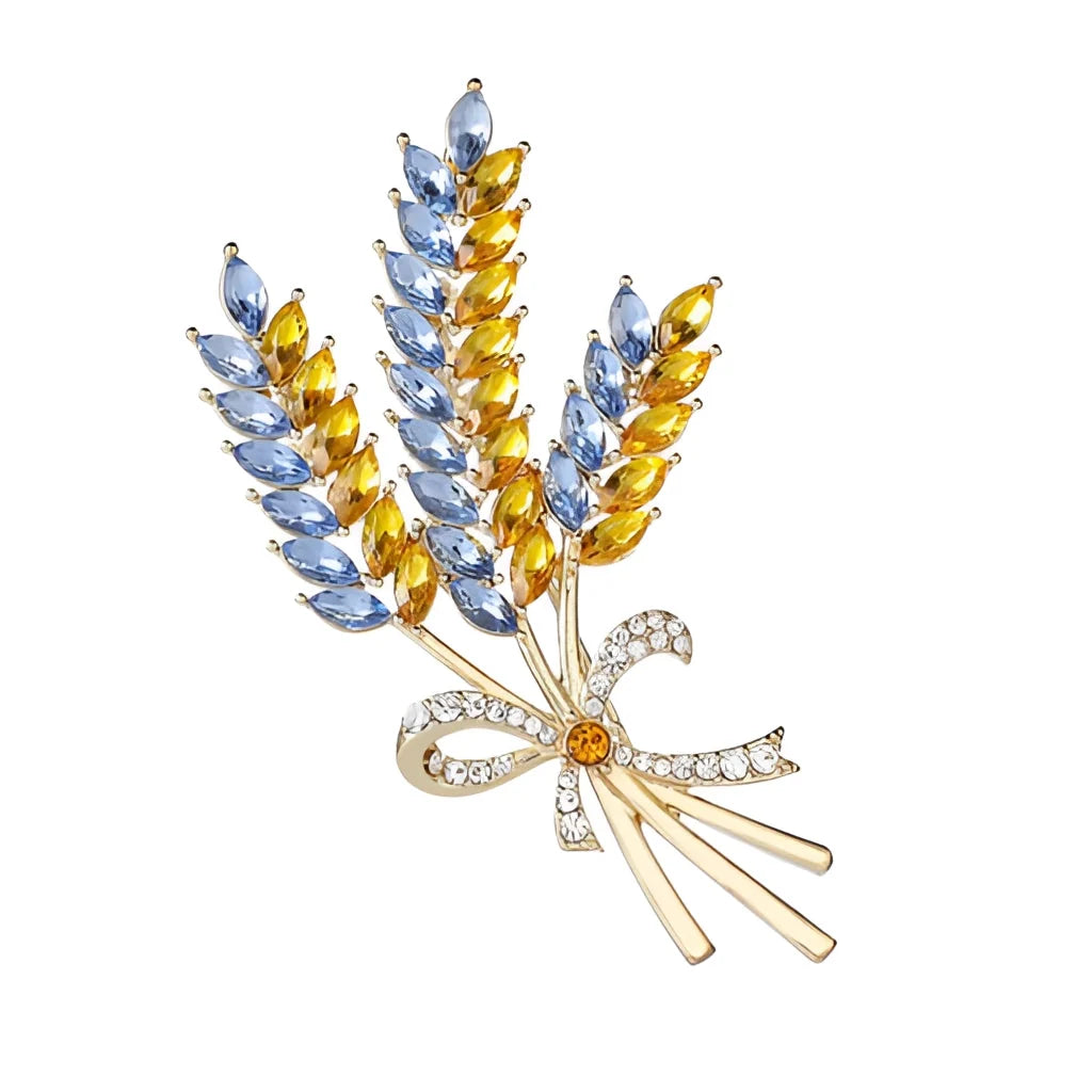 Luxuriöse Weizenbrosche mit blauem/gelbem Saphir – goldene Edelstein-Anstecknadel