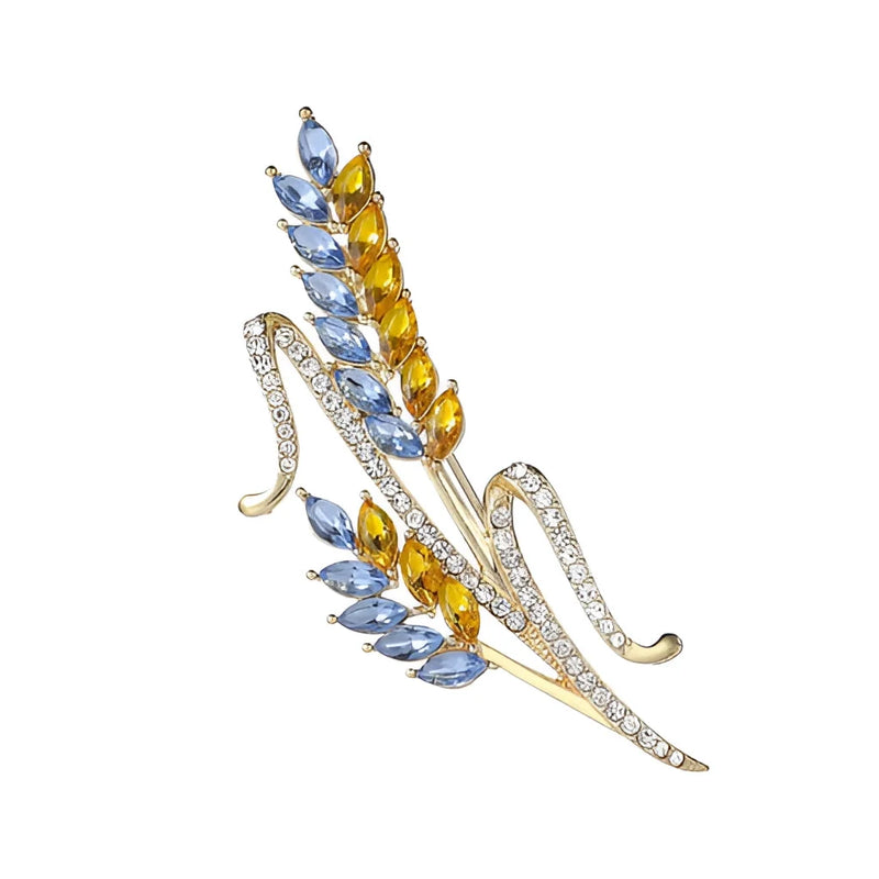 Luxuriöse Weizenbrosche mit blauem/gelbem Saphir – goldene Edelstein-Anstecknadel