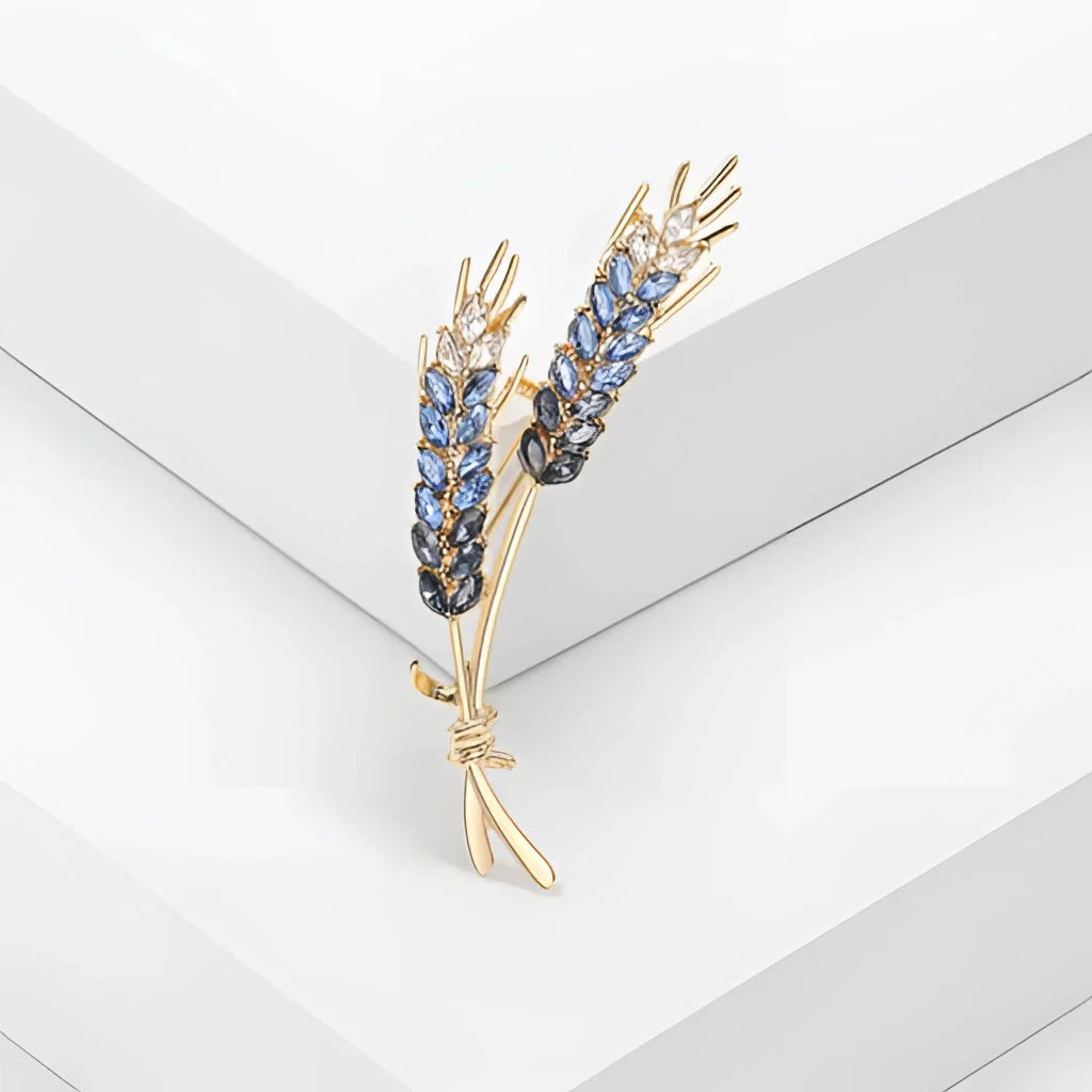 Luxuriöse Weizenbrosche mit blauem/gelbem Saphir – goldene Edelstein-Anstecknadel