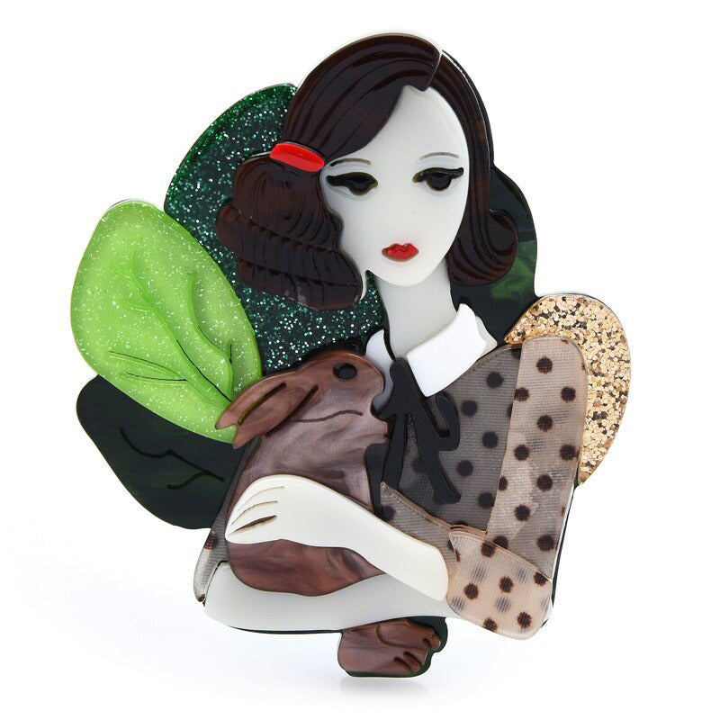 Schöne Mädchen umarmt ein Kaninchen Acryl Brosche Pins