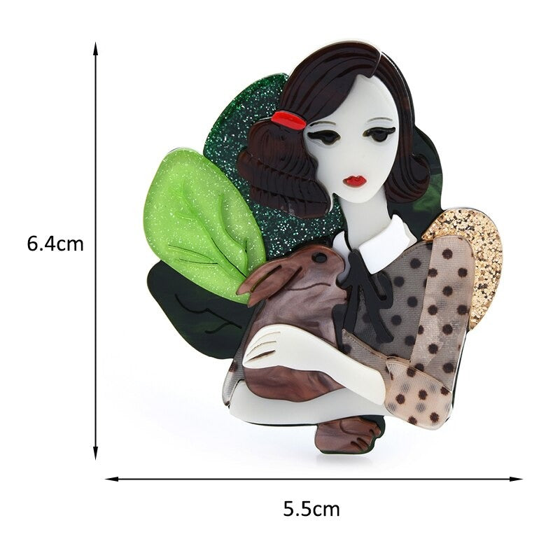 Schöne Mädchen umarmt ein Kaninchen Acryl Brosche Pins