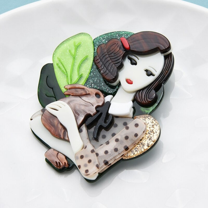 Schöne Mädchen umarmt ein Kaninchen Acryl Brosche Pins