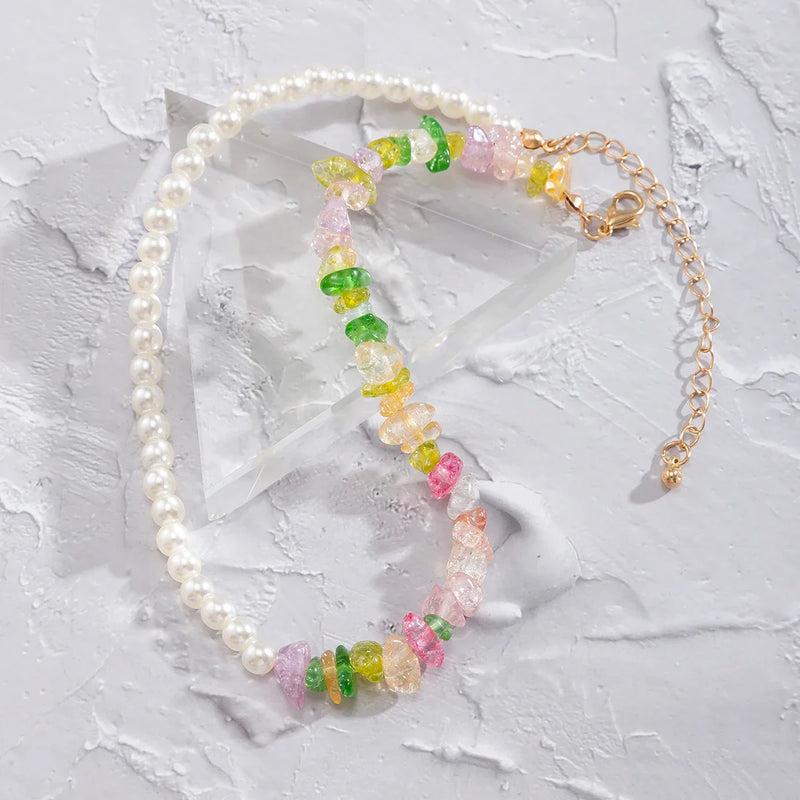 Trendy Boho Chic Perlen Choker | Bunte Kristall & asymmetrische Perlen Halskette