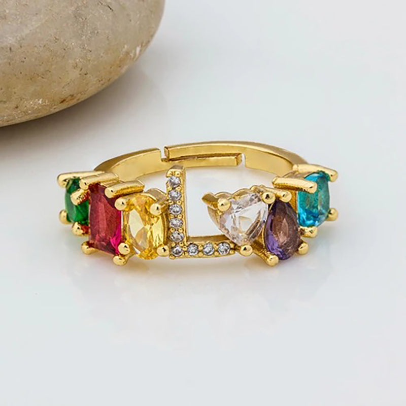 Brillanter Zirkonia-Regenbogen-Ring mit A-Z-Anfangsbuchstaben
