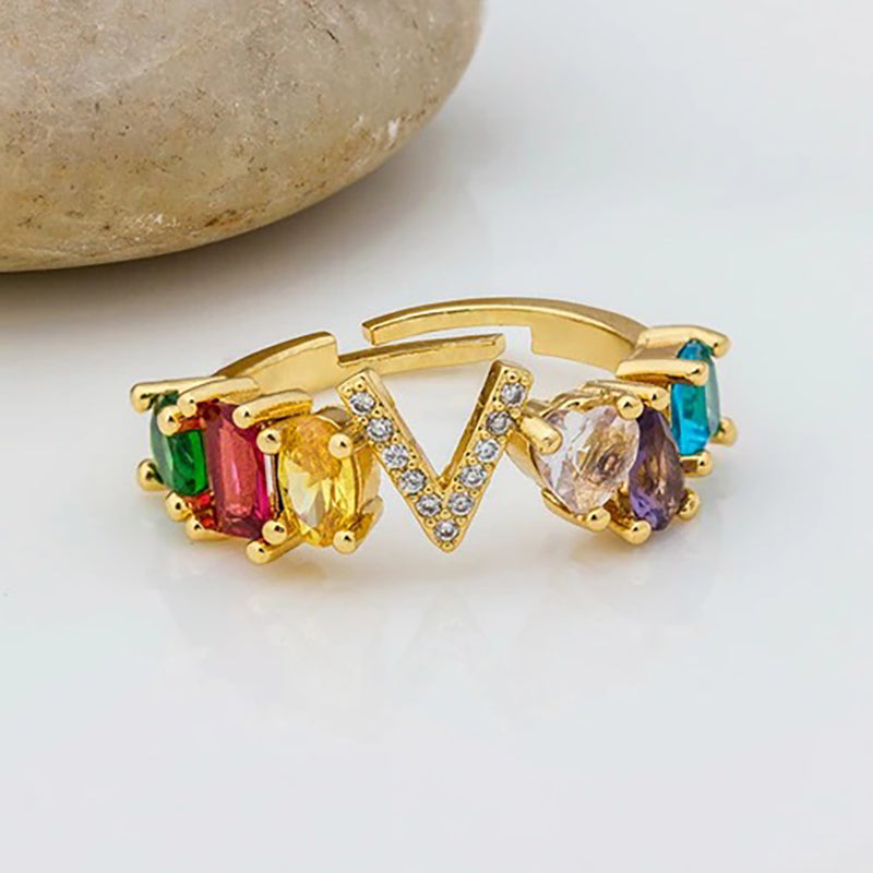 Brillanter Zirkonia-Regenbogen-Ring mit A-Z-Anfangsbuchstaben