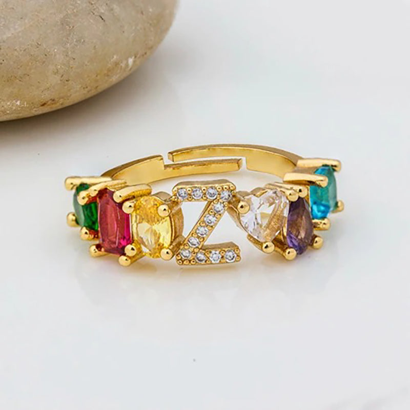 Brillanter Zirkonia-Regenbogen-Ring mit A-Z-Anfangsbuchstaben