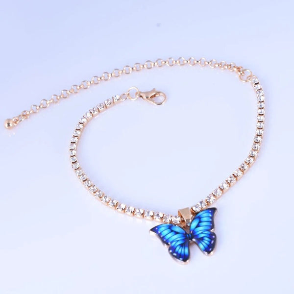 Fußkettchen mit Schmetterlings-Charm und Tenniskette aus buntem Strass