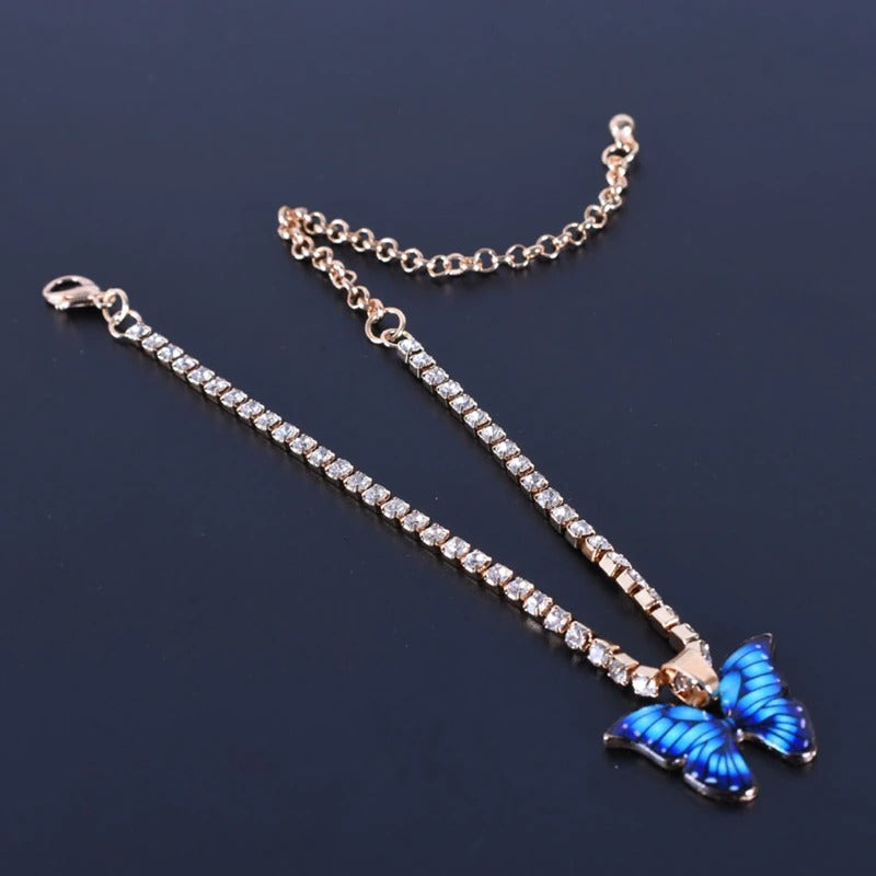 Fußkettchen mit Schmetterlings-Charm und Tenniskette aus buntem Strass
