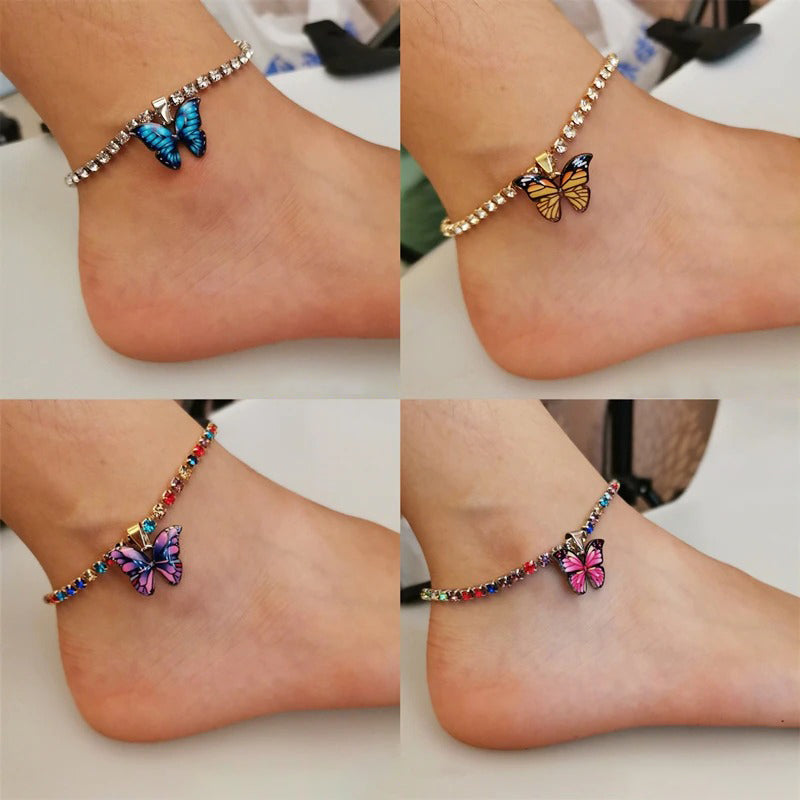 Fußkettchen mit Schmetterlings-Charm und Tenniskette aus buntem Strass