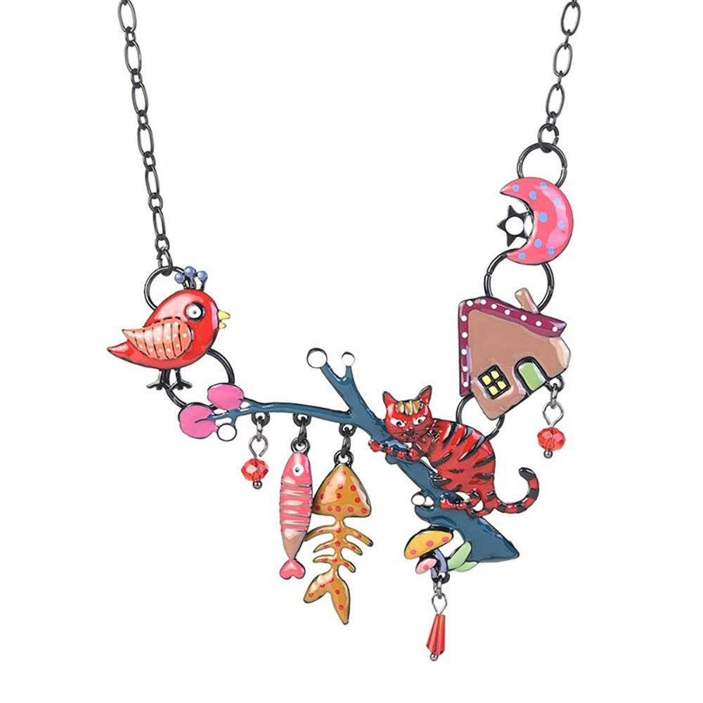 Halskette mit Emaille-Anhänger „Katze mit Fischgräte und Vogel“