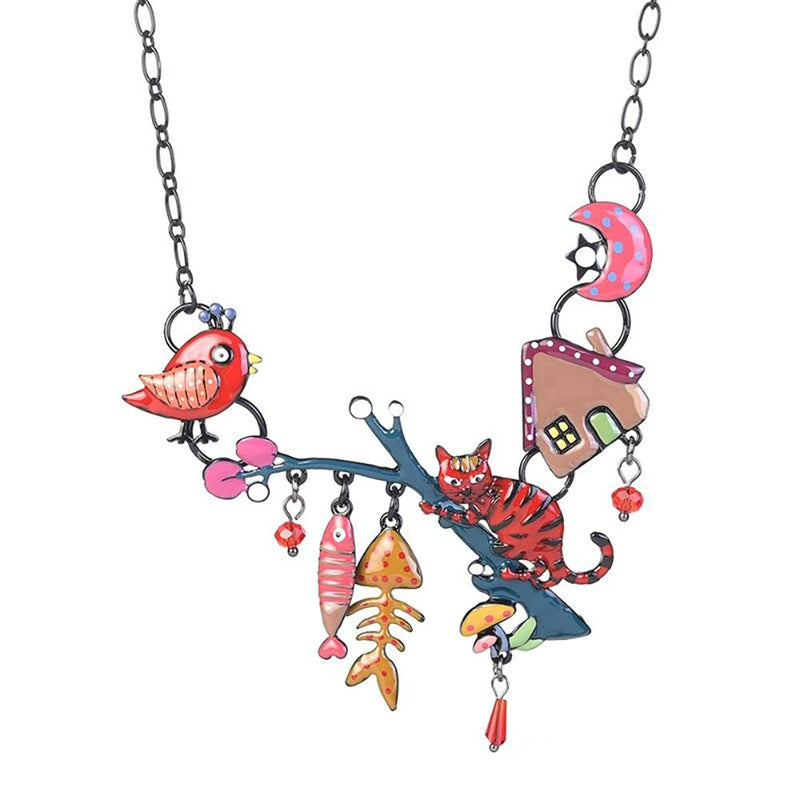 Halskette mit Emaille-Anhänger „Katze mit Fischgräte und Vogel“