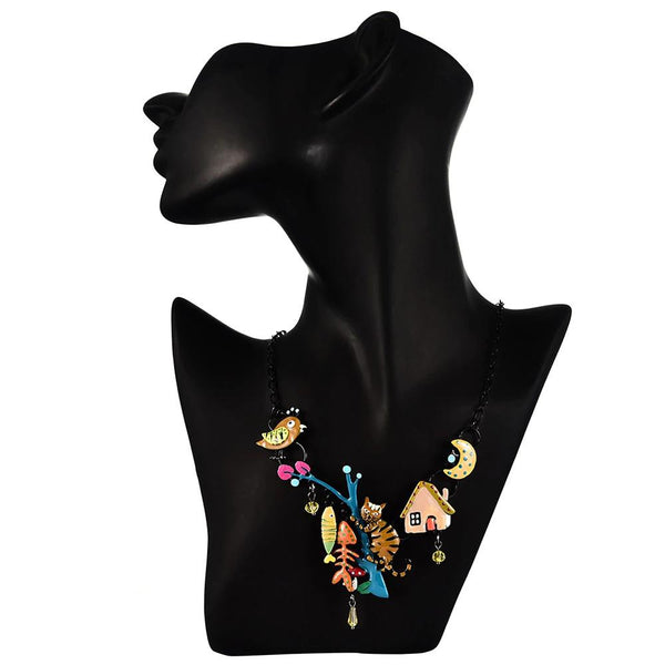 Halskette mit Emaille-Anhänger „Katze mit Fischgräte und Vogel“