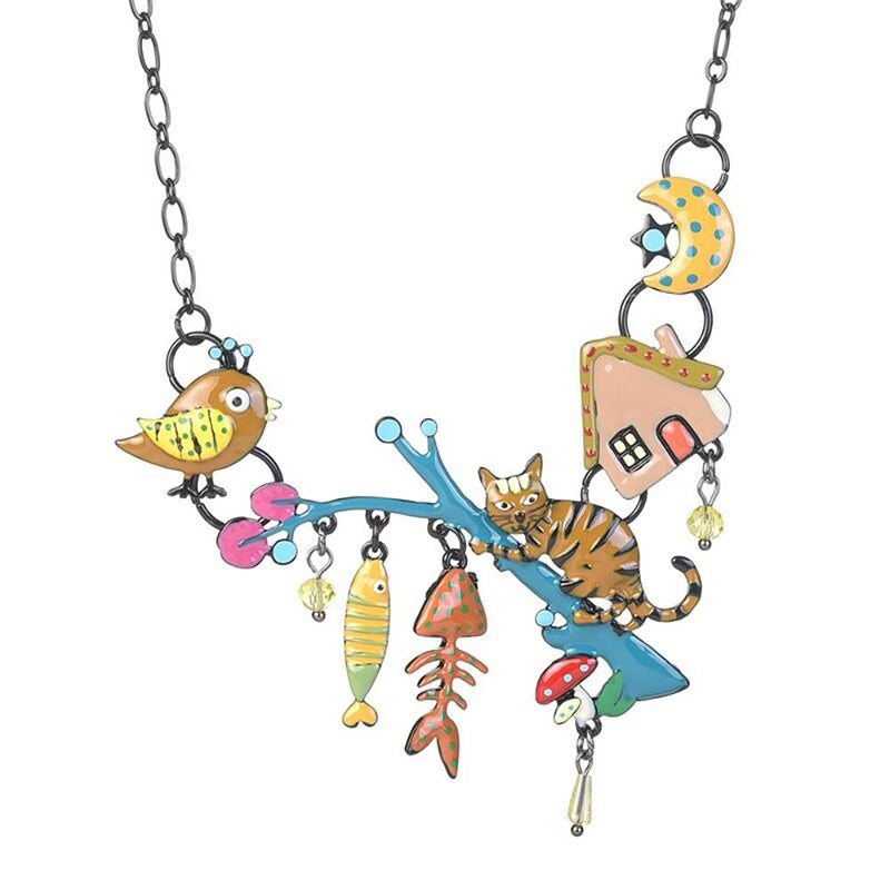 Halskette mit Emaille-Anhänger „Katze mit Fischgräte und Vogel“