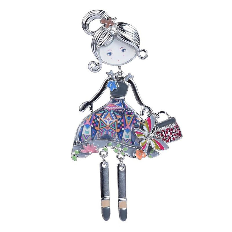 Charmante Puppe mit Geldbörse Emaille Brosche Anstecknadel