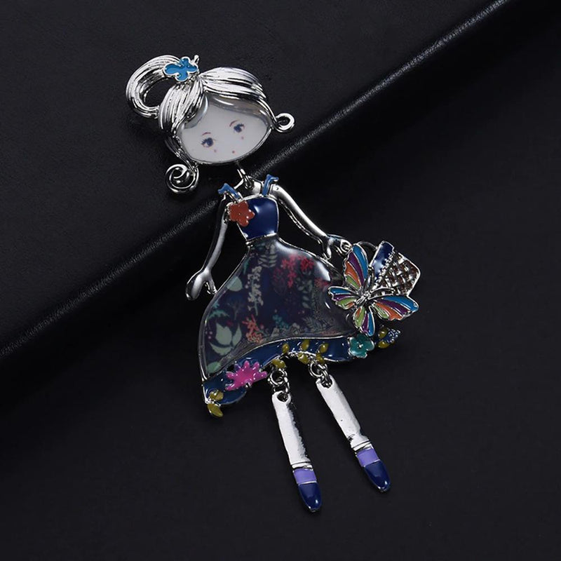 Charmante Puppe mit Geldbörse Emaille Brosche Anstecknadel