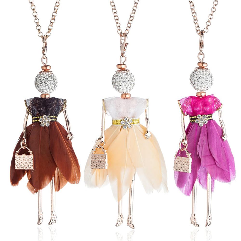 Charmante Puppen mit Strass und bunten Federn Fashionista lange Halskette