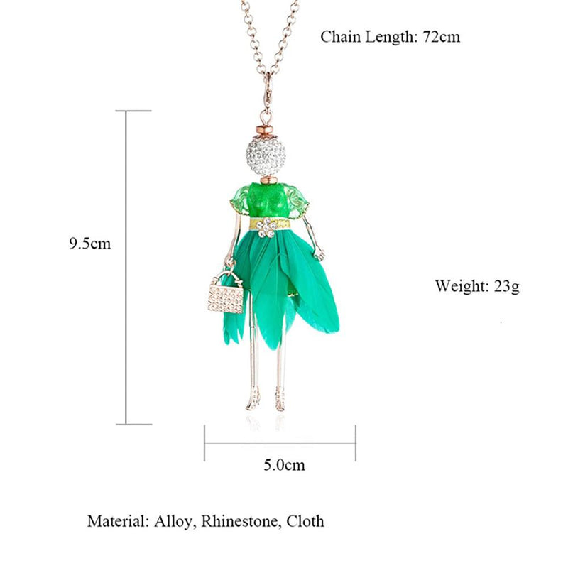 Charmante Puppen mit Strass und bunten Federn Fashionista lange Halskette