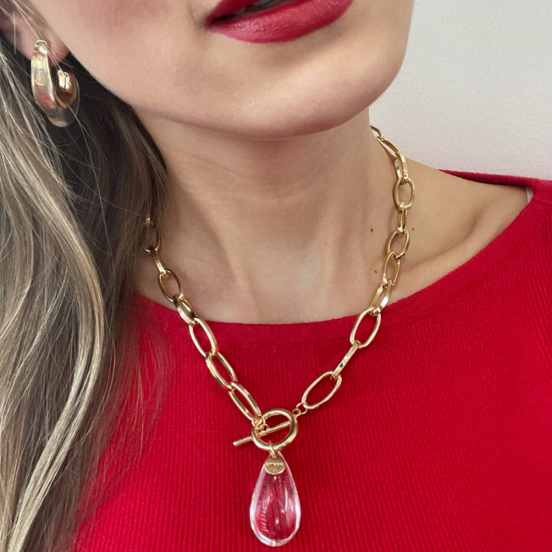 Klobige Gliederkette mit transparenten Strass-Wassertropfen-Anhänger-Halsketten