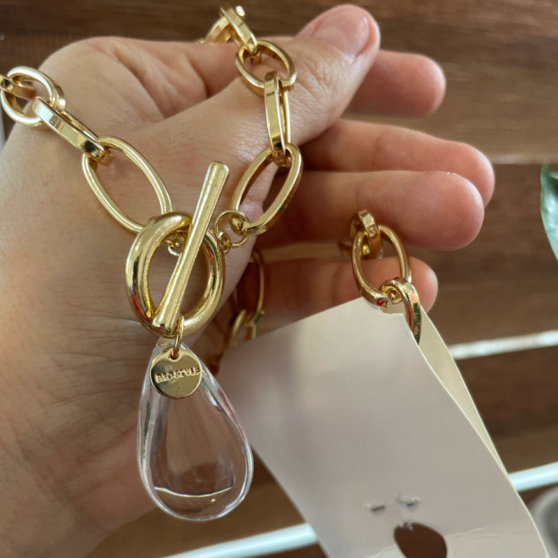 Klobige Gliederkette mit transparenten Strass-Wassertropfen-Anhänger-Halsketten