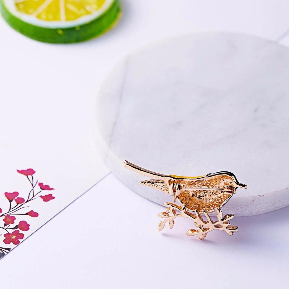 Bunter Emaille-Vogel mit Strass-Blättern, Broschennadeln