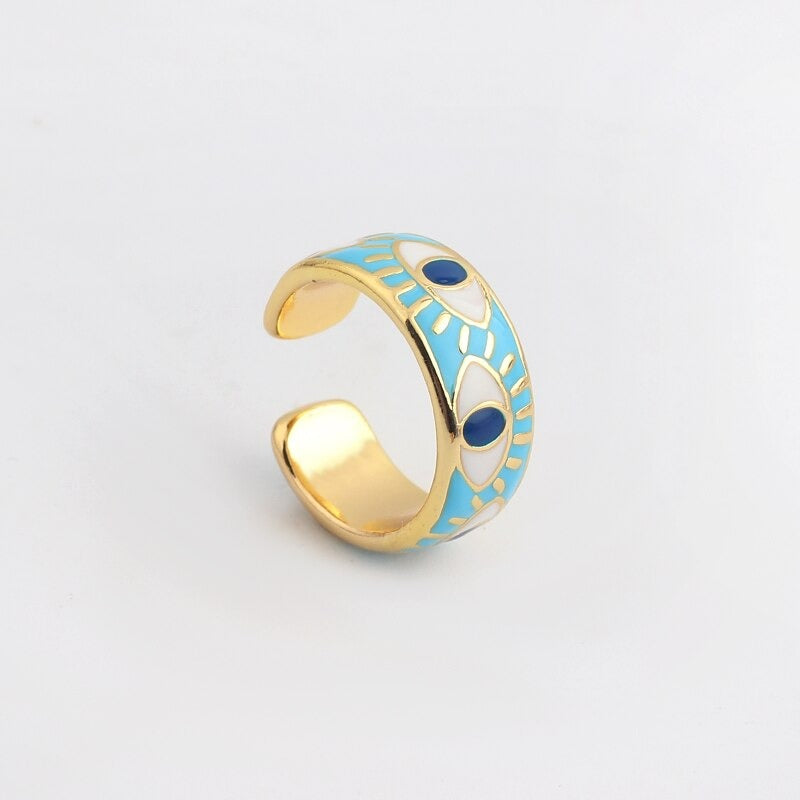 Farbenfrohe, gravierte Emaille-Ringe mit Glücksaugen
