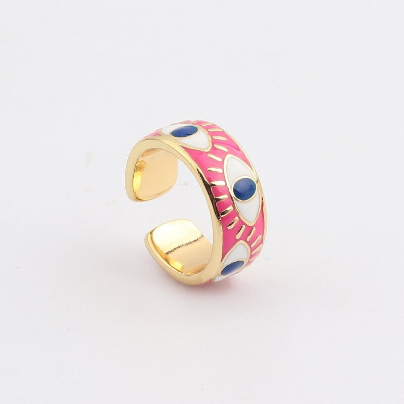 Farbenfrohe, gravierte Emaille-Ringe mit Glücksaugen