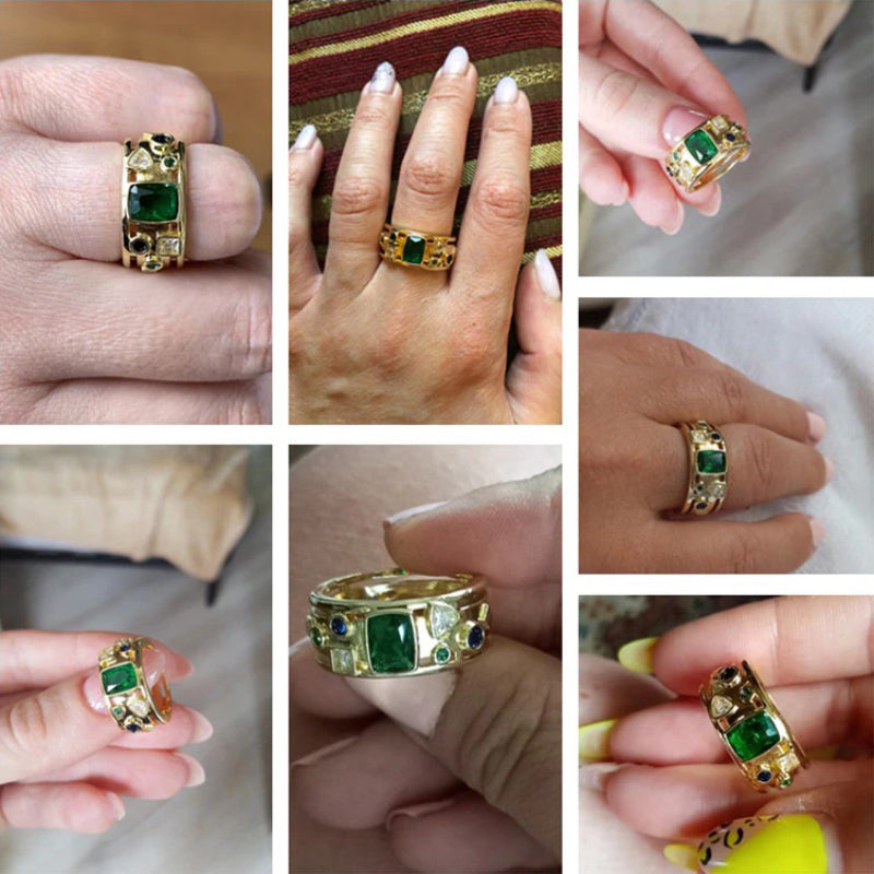 Farbenfrohe, geometrisch geformte, mit Zirkonen besetzte Ringe