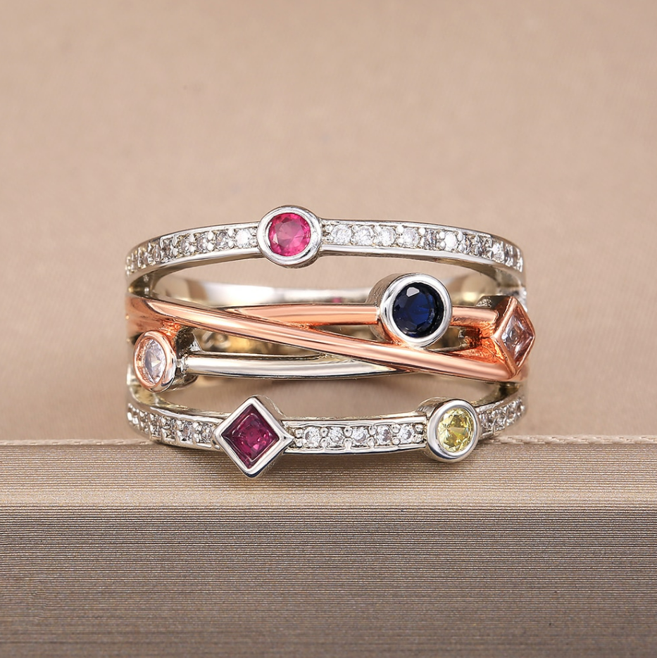 Bunte mehrreihige geometrische Zirkonia-Ringe mit Kreuzmuster