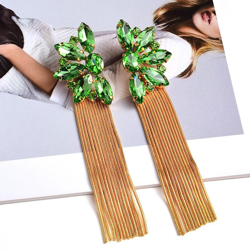 Bunte Strass Metallkette Lange Quaste Tropfen Ohrringe