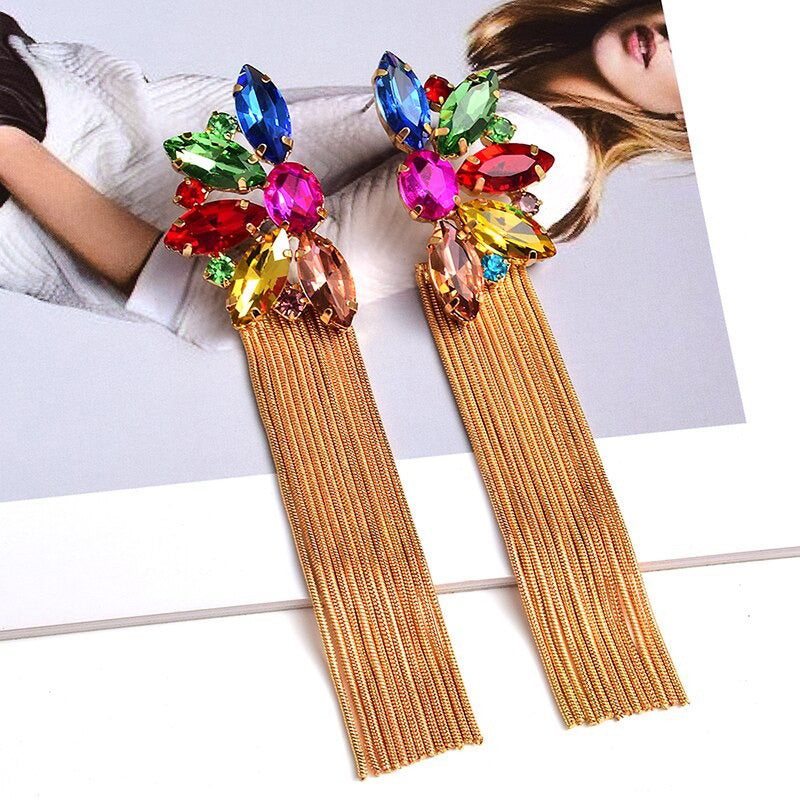Bunte Strass Metallkette Lange Quaste Tropfen Ohrringe