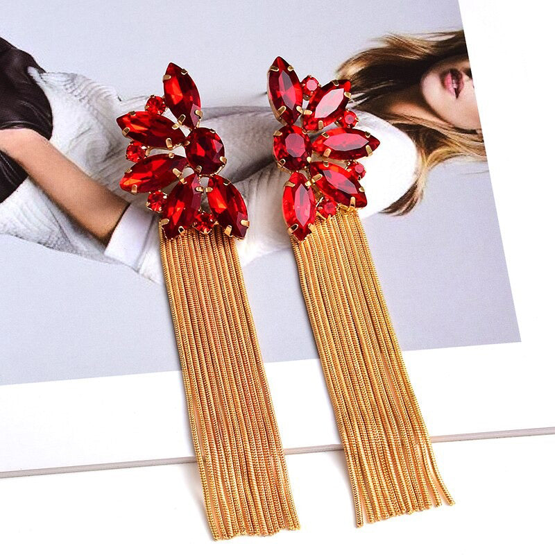 Bunte Strass Metallkette Lange Quaste Tropfen Ohrringe