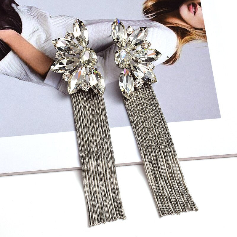 Bunte Strass Metallkette Lange Quaste Tropfen Ohrringe